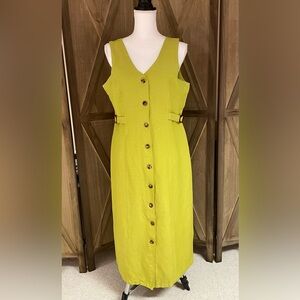 Vtg 80’s women’s 14 linen blend lime green Button-Down sheath maxi dress boho